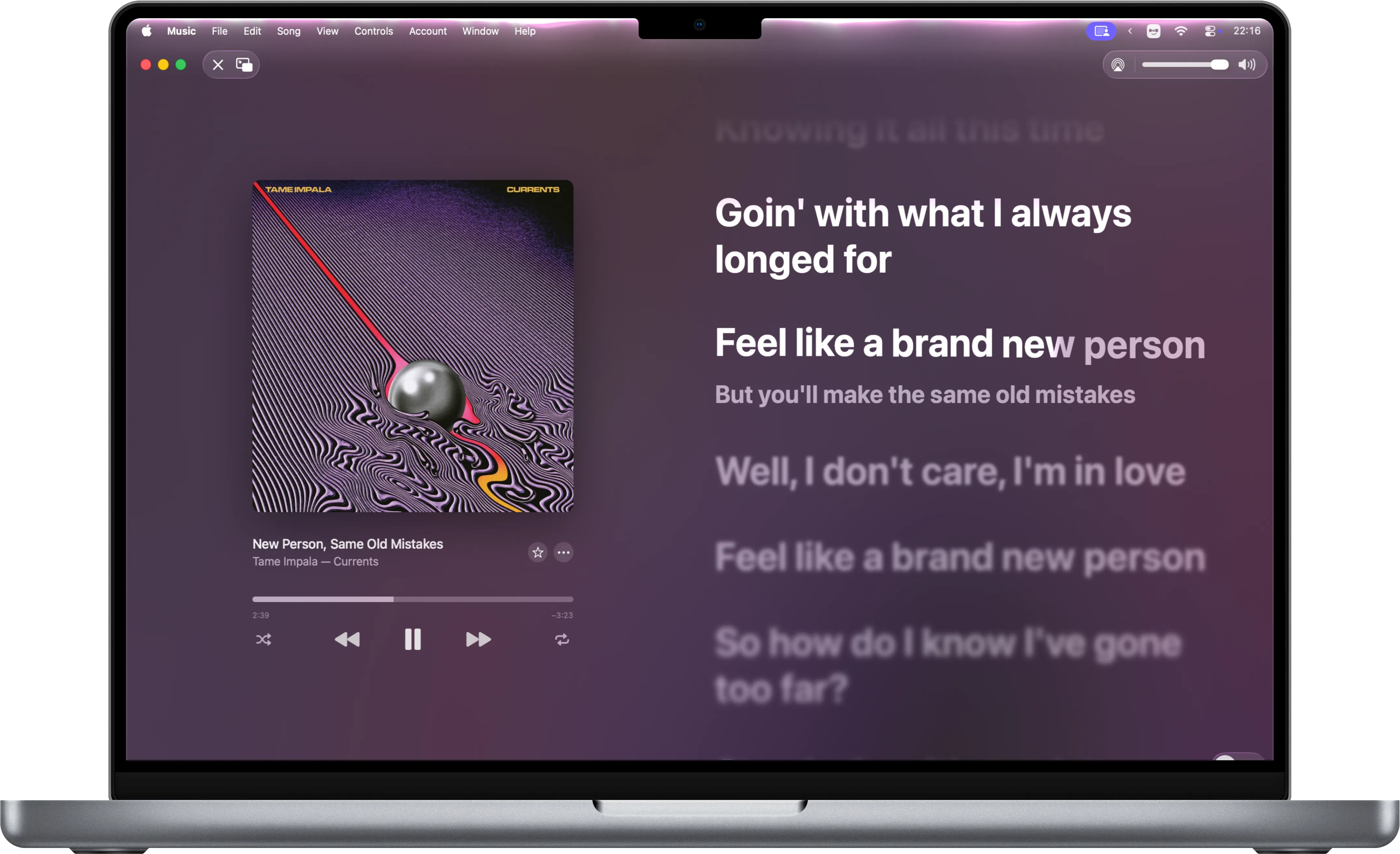 macOS menu bar over the Music app, with Dynamic Menu Bar active: the bar in the colors of the screen beneath