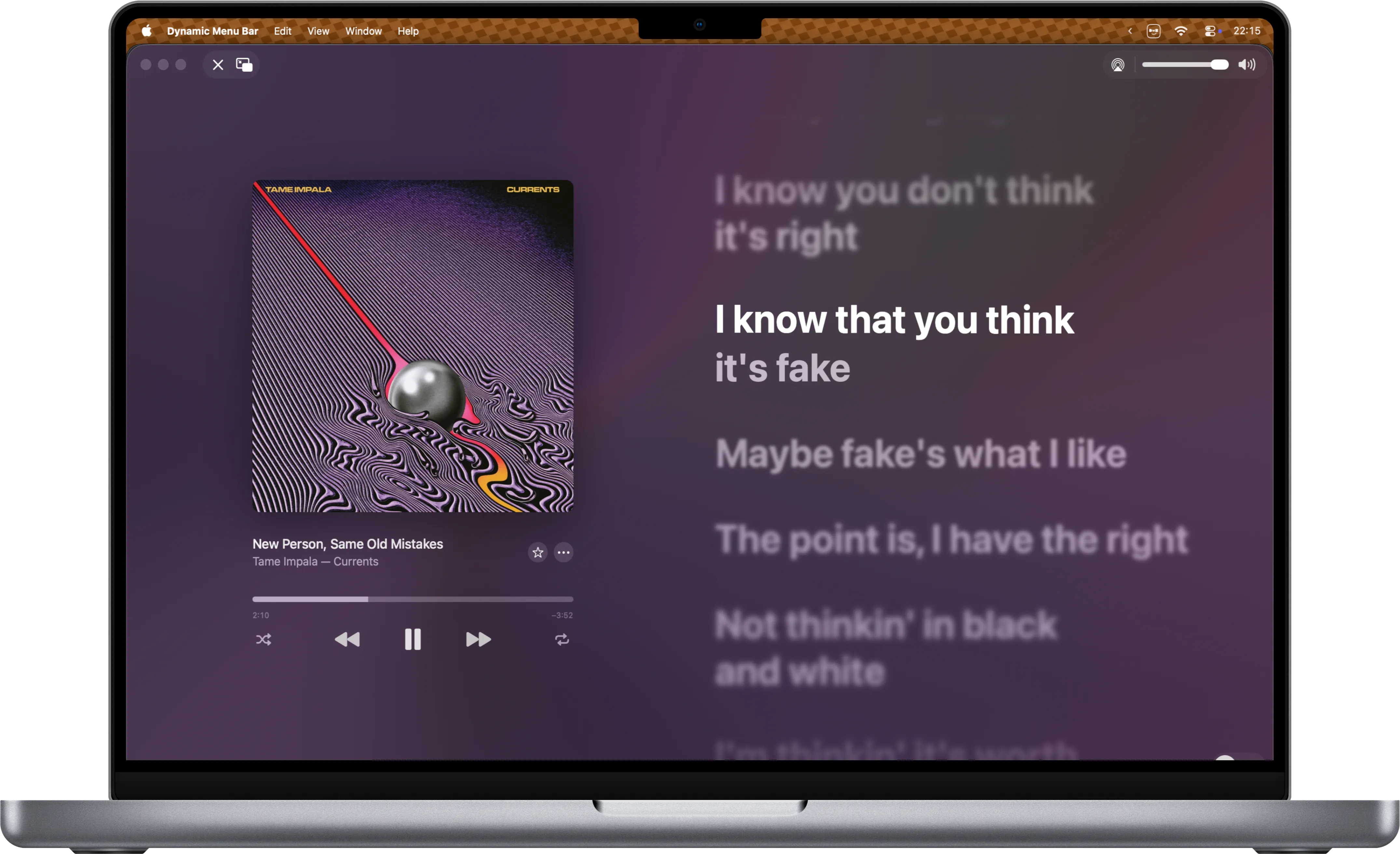 macOS menu bar over Music, before Dynamic Menu Bar