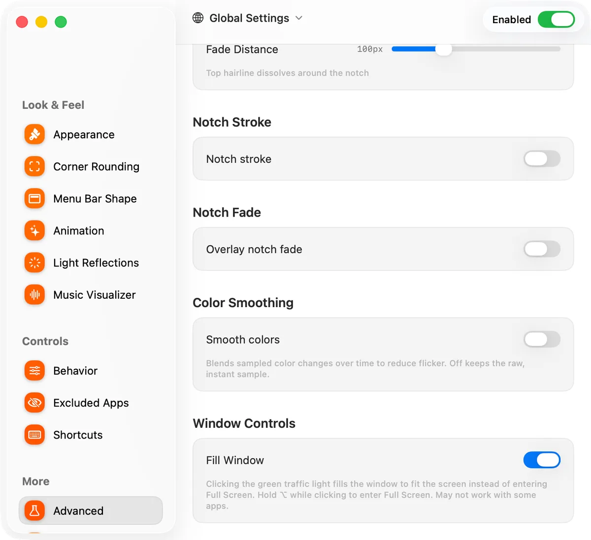 Dynamic Menu Bar’s Advanced settings, with the Fill Window switch
