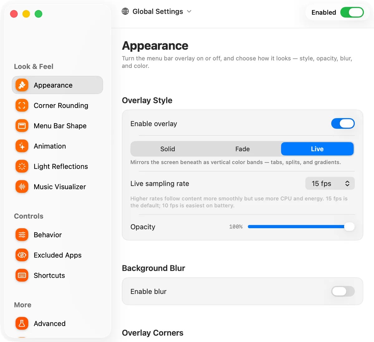 Dynamic Menu Bar's Appearance settings: the Solid, Fade and Live overlay styles, the Live sampling rate and the Opacity slider at 100%