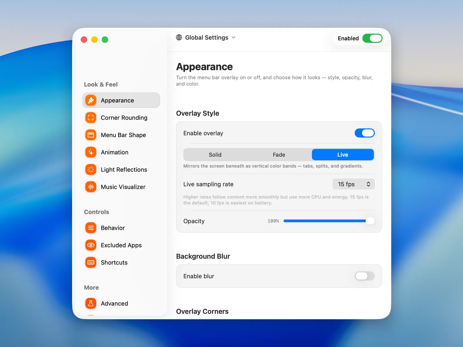 Settings › Appearance in Dynamic Menu Bar: the Solid, Fade and Live overlay styles, sampling rate, opacity and background blur