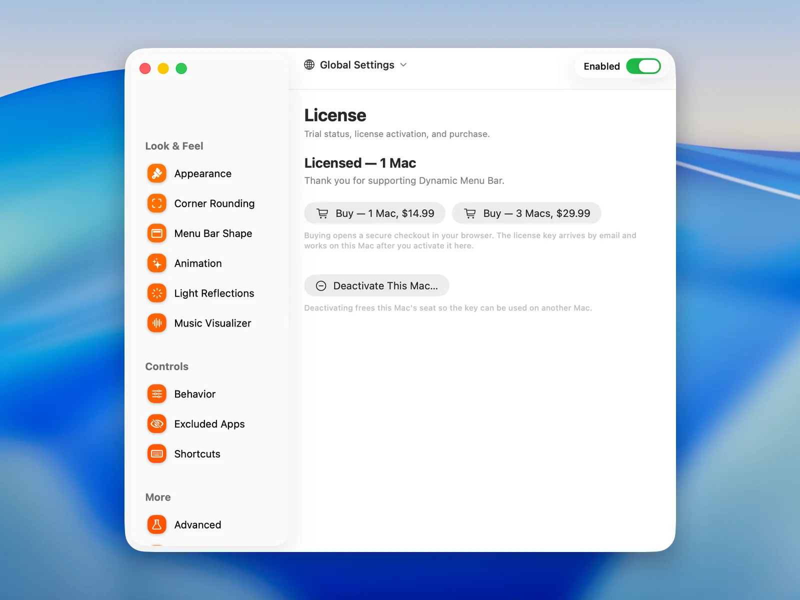 Settings › License in Dynamic Menu Bar 0.9.3: the license status, purchase for one Mac or three, and Deactivate This Mac