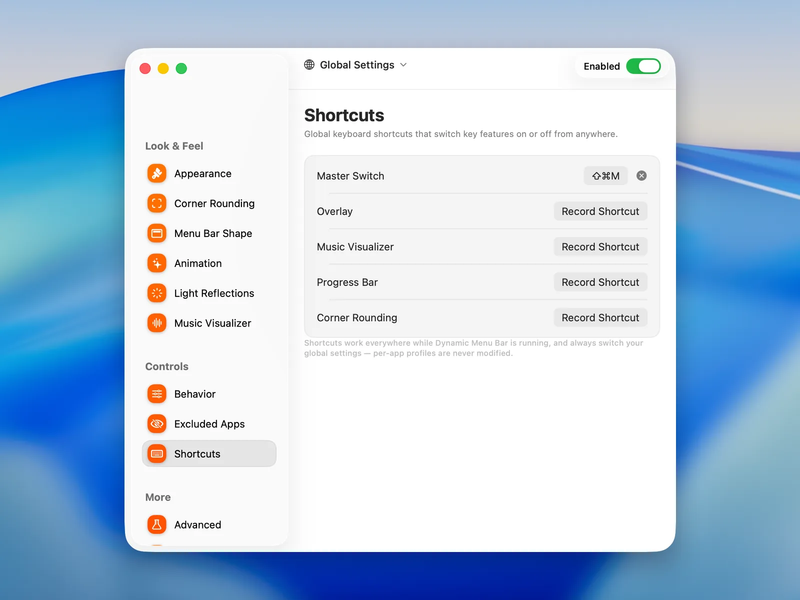 Settings › Shortcuts in Dynamic Menu Bar 0.9.2: a Record Shortcut button for the master switch, the overlay, the music visualizer, the progress bar and corner rounding