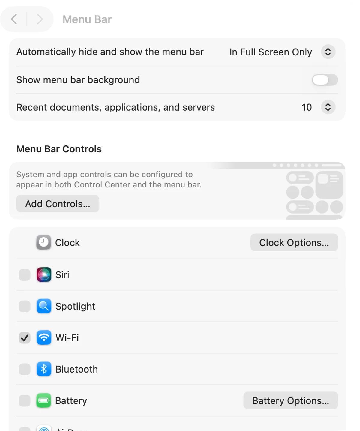 System Settings › Menu Bar on macOS 26 Tahoe: Automatically hide and show the menu bar, Show menu bar background, and the Menu Bar Controls list