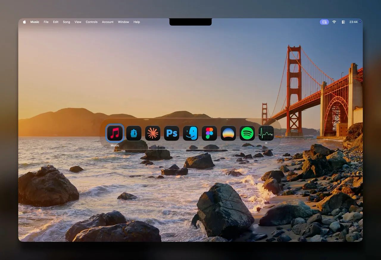 A frame from the video: a MacBook desktop with the Golden Gate Bridge and the app switcher open